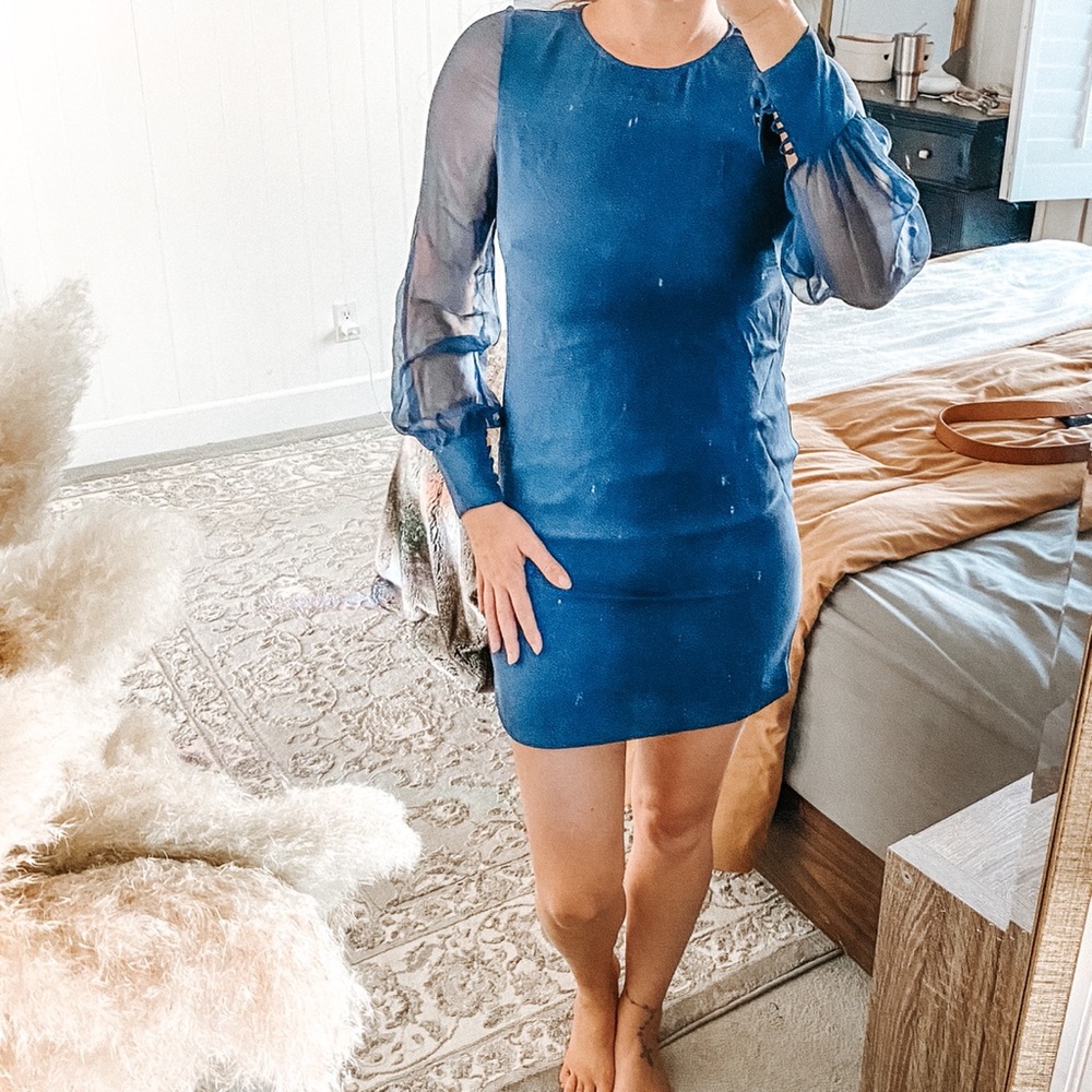 Blue Chiffon Long Sleeve Mini Dress